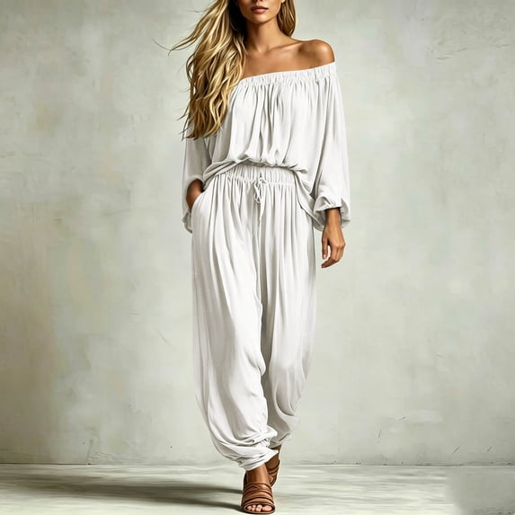 Gamivast Women's Off The Shoulder Jumpsuit Casual Summer Short Sleeve Romper High Waisted Elastic Long Pant Playsuit Flowy Boho Lounge Wear with Pockets for Beach Vacation Party Beige S