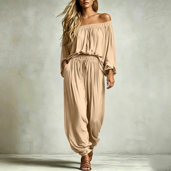 Gamivast Women's Off The Shoulder Jumpsuit Casual Summer Short Sleeve Romper High Waisted Elastic Long Pant Playsuit Flowy Boho Lounge Wear with Pockets for Beach Vacation Party Khaki XL