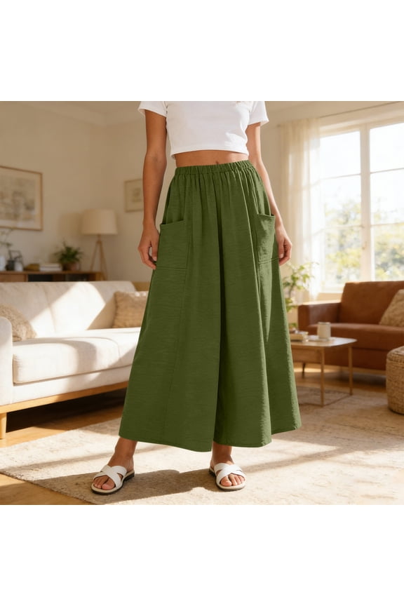 Women's Skirt Pants High Waisted Elastic Waist Side Pockets Wide Leg Flowy Skirt Elegant Boho Trendy Casual Beach Vacation Travel Midi Skirt