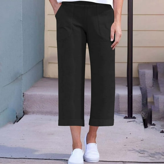 Gamivast Women's Solid Color Loose Capri Pants Elastic Waist Stretch Casual Wide-Leg Cropped Trousers Hem Twill Capri Pant Black XL of the Day Past