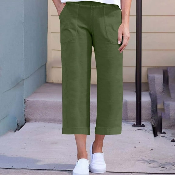 Gamivast Women's Solid Color Loose Capri Pants Elastic Waist Stretch Casual Wide-Leg Cropped Trousers Hem Twill Capri Pant Green L or My Recent Placed