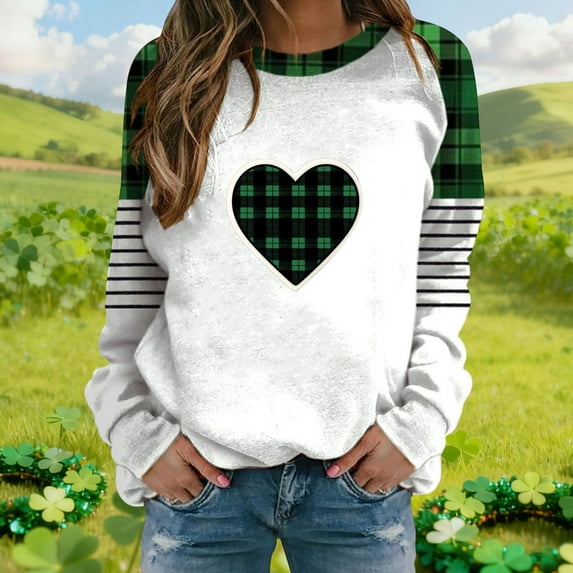 Gamivast Women's St Patrick's Day Sweatshirt Plus Size Shamrock Graphic Raglan Long Sleeve Tops Holiday Color Block Crewneck Pullover Loose Casual Tshirts