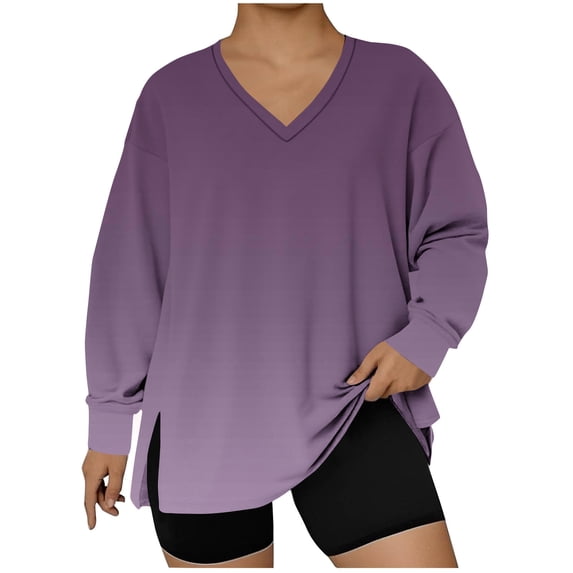 Gamivast Womens Sweatshirts Plus Size Gradient V Neck Side Split Casual Oversized Pullover Trendy Holiday Long Sleeve Drop Shoulder Top Fashion Clothing