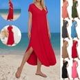 thumbnail image 1 of Gamivast Women's T Shirt Maxi Dress V-Neck Short Sleeve Split Hem Loose Fit Summer Beach Casual Pockets Plain Long Cotton Feel Flowy Daily Sun Dress, 1 of 6