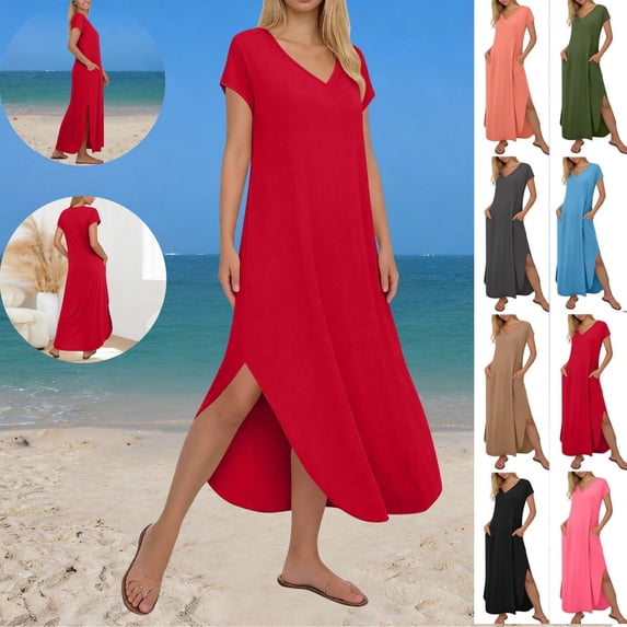 Gamivast Women's T Shirt Maxi Dress V-Neck Short Sleeve Split Hem Loose Fit Summer Beach Casual Pockets Plain Long Cotton Feel Flowy Daily Sun Dress