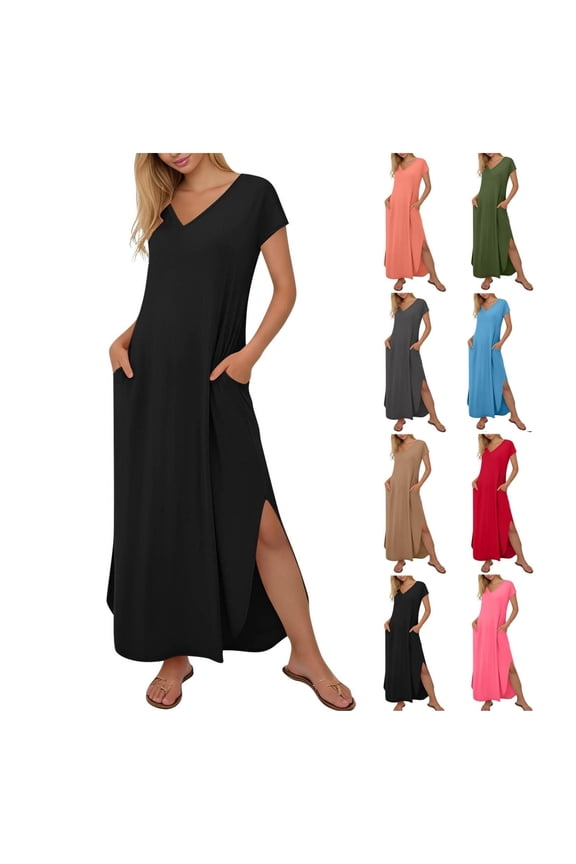 Women's T Shirt Maxi Dress V-Neck Short Sleeve Split Hem Loose Fit Summer Beach Casual Pockets Plain Long Cotton Feel Flowy Daily Sun Dress