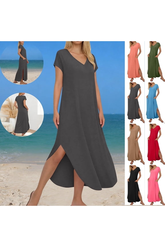 Women's T Shirt Maxi Dress V-Neck Short Sleeve Split Hem Loose Fit Summer Beach Casual Pockets Plain Long Cotton Feel Flowy Daily Sun Dress
