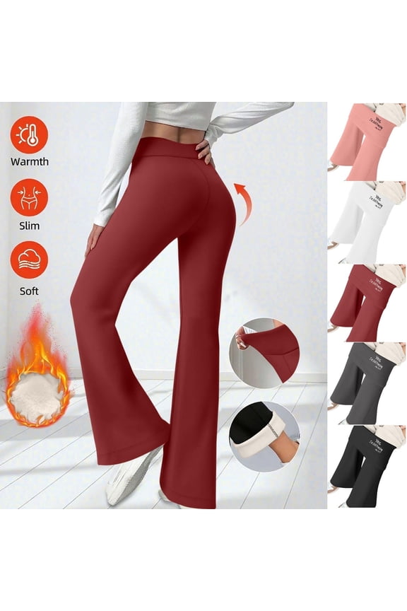 Women's Thermal Work Pants for Winter Fleece Lined Flare Leggings Bootcut Straight Leg Pull on Work Pants Printed High Wasited Tummy Control Cold Weather Trouser