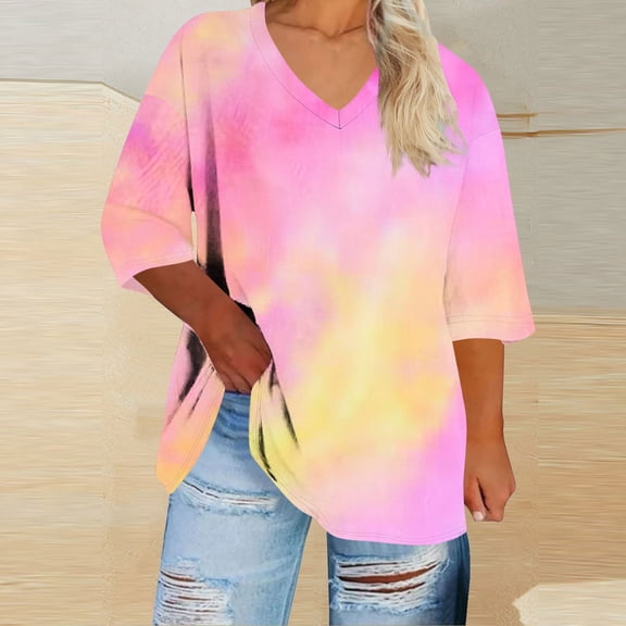 Gamivast Women's Tops Plus Size 3/4 Sleeve Tie-Dye Tunic Shirt Oversized V Neck Drop Shoulder Casual Loose Blouse Gradient Holiday Outfits 2026