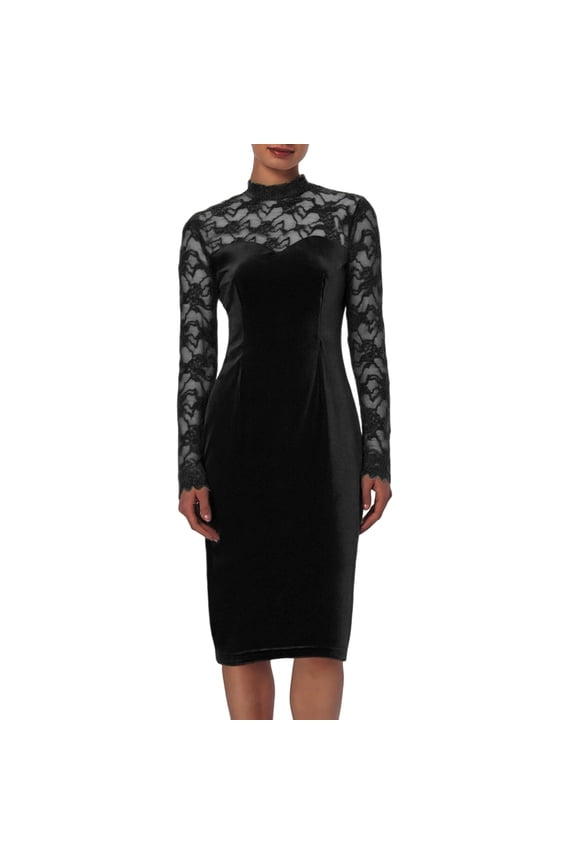 Women's formal Dresses High Neck Long Sleeve Velvet Dress Lace Patchwork Slim Fit Midi Dress Elegant Wedding Guest Party Evening Gown