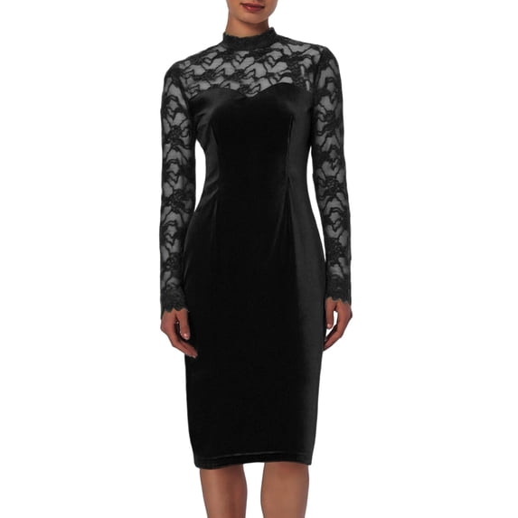 Gamivast Women's formal Dresses High Neck Long Sleeve Velvet Dress Lace Patchwork Slim Fit Midi Dress Elegant Wedding Guest Party Evening Gown