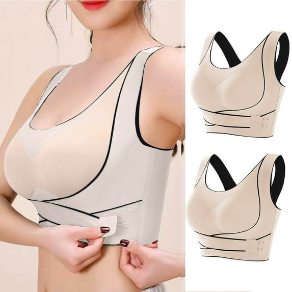 Gamivast Womens 2 Pack Wireless Bras No Underwire Posture Corrector Bra Push Up Seamless Yoga Sport Bra Comfy Light Everyday Bras Beige XXXL Brasier Sin Costuras Para Mujer Clearance