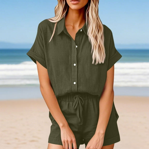 Gamivast Womens 2 Piece Linen Sets Summer V Neck Button Short Sleeve Top and Drawstring Casual Shorts Lounge Short Sets Outfits GreenM Camisas Para Mujer