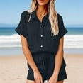 thumbnail image 1 of Gamivast Womens 2 Piece Linen Sets Summer V Neck Button Short Sleeve Top and Drawstring Casual Shorts Lounge Short Sets Outfits NavyM Camisas Para Mujer My Orders, 1 of 6