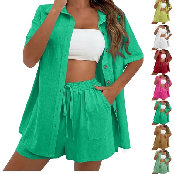 Gamivast Womens 2 Piece Outfits Button Down Shirt & Drawstring Shorts Summer Sets Linen Textured Loose Soft Casual Beach Vacation Cover Up Matching Sets