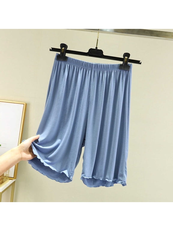 Womens Bermuda Shorts Elastic Waist Knee Length Lounge Shorts Lightweight Loose Fit Pull On Sleep Shorts with Wavy Hem for Casual Summer Home Wear Light Blue L