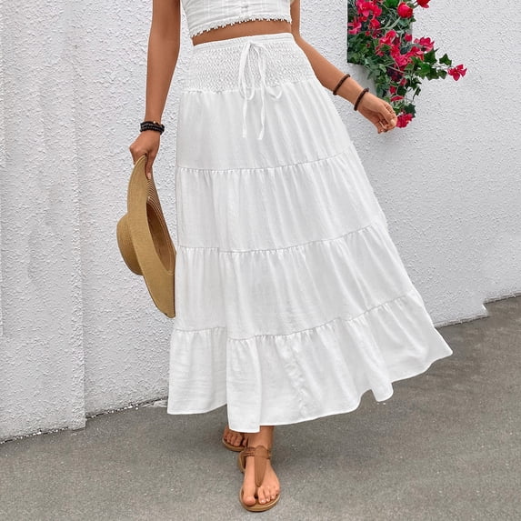 Gamivast Womens Boho Skirt Smocked High Waist Drawstring Tiered Ruffle Flowy Maxi Skirt Casual A Line Summer Skirt Beach Vacation Daily Aesthetic Wear