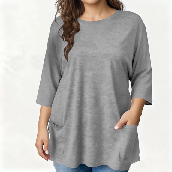 Gamivast Womens Business Casual Tops 3/4 Sleeve Crew Neck Blouse Loose Casual Drop Shoulder Solid Color Shirts with Pockets Comfy Fashion Clothing