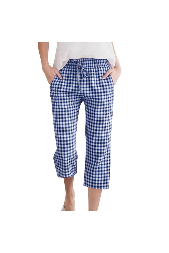 Womens Capri Pants Gingham Plaid Print Dstring Elastic Waist Checkered Pants Summer Cropped Pants Pockets Loose Fit Beach Casual Wear