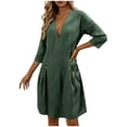 thumbnail image 1 of Gamivast Womens Casual Dress Linen V-Neck 3/4 Sleeve Button Tunic Dress Pockets Solid Shift Dress Loose Fit Mini Work Office Daily Wear Business Soft, 1 of 8