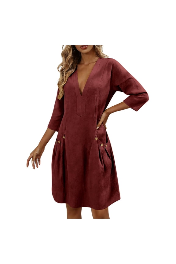 Womens Casual Dress Linen V-Neck 3/4 Sleeve Button Tunic Dress Pockets Solid Shift Dress Loose Fit Mini Work Office Daily Wear Business Soft