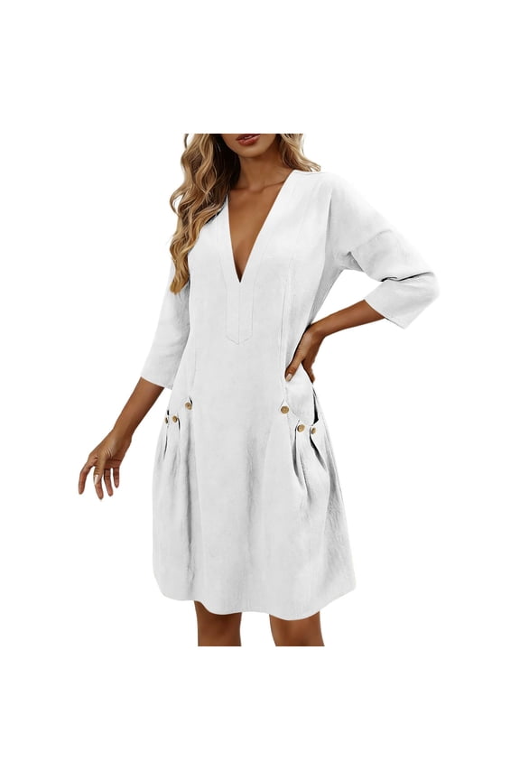 Womens Casual Dress Linen V-Neck 3/4 Sleeve Button Tunic Dress Pockets Solid Shift Dress Loose Fit Mini Work Office Daily Wear Business Soft