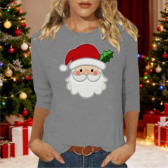 Gamivast Womens Christmas Top Holiday 3/4 Length Sleeve Merry Christmas Shirt Santa Graphic Trendy Tee Tops Xmas Party Crew Neck Winter Fashion Pullover 3XL