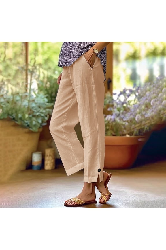 Womens Linen Pants Women Elastic Waist Straight Wide Leg Cropped Pants Vacation Casual Boho Beach Pants My Recent Placed