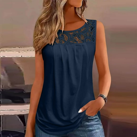 Gamivast Womens Summer Tank Tops for Women Loose Fit Pleated Tunics Crew Neck Sleeveless Lace Tops Curved Hem Flowy Shirts Navy M Placed Recently by Me,the Past Month