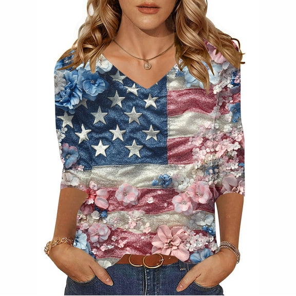 Gamivast Womens Clothes 4th of July 3/4 Length Sleeve Womens Tops Usa Flag Print V Neck Summer Shirts Casual Elbow Length Shirt Red XL Past