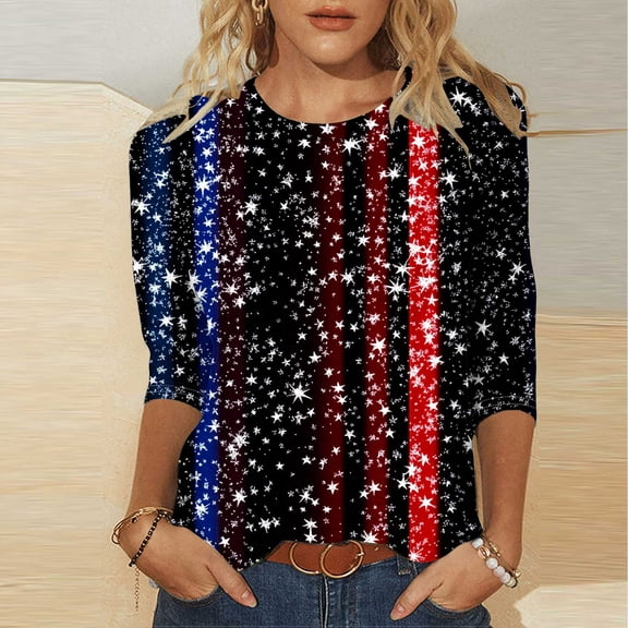 Gamivast Womens Clothes 4th of July Outfits For Women,4th of July Shirts Women,American Flag 3/4 Sleeve Crew Neck T-Shirt Tunic Tops Blouses Black M Past