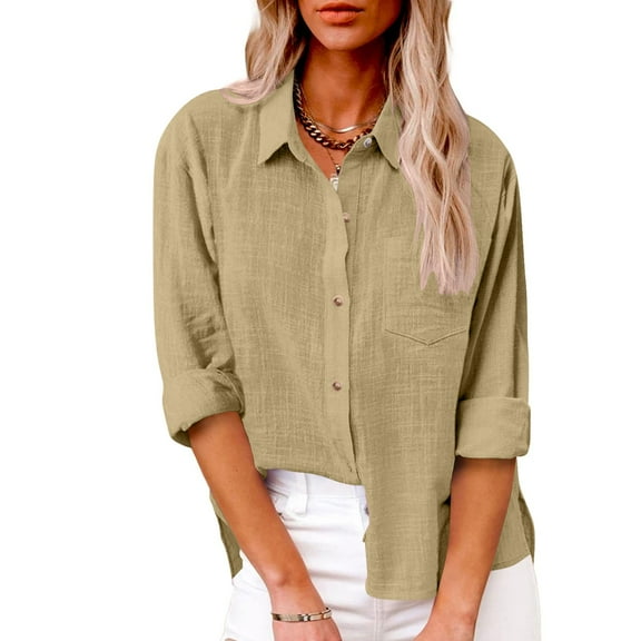 Gamivast Womens Clothes Linen Button Down Shirt Women Casual Long Sleeve Solid Color Shirts Loose Work Tops with Pockets Khaki XXXL My Recent Placed