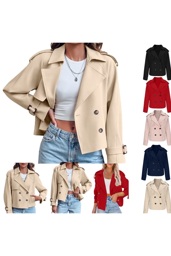 Womens Cropped Trench Coat Oversized Raglan Sleeve Double Breasted Work Office Jacket with Pockets Short Notch Lapel Jacket Fashion Outerwear
