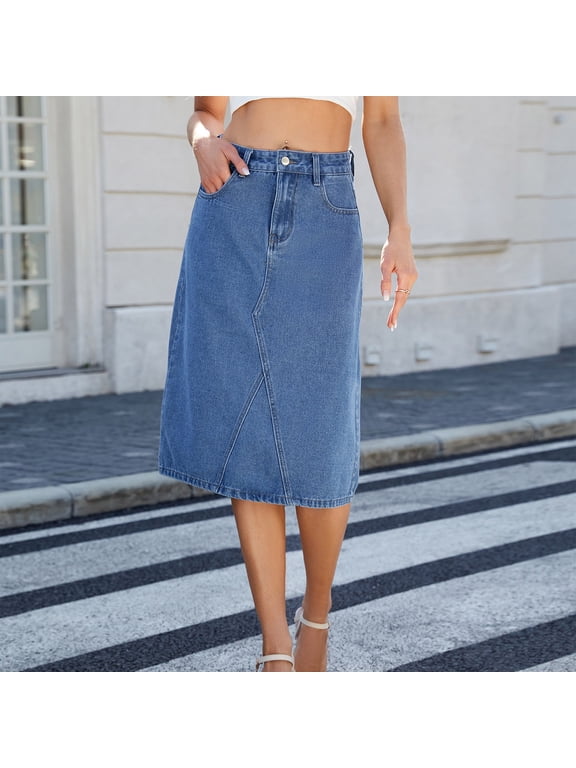 Womens Denim Skirt High Waisted Button Down Zipper Fly Pockets A Line Denim Skirt Classic Trendy Casual Office Party Vacation Daily Midi Skirt