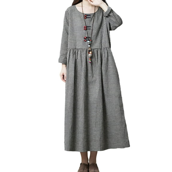 Gamivast Womens Dresses Linen Casual Round Neck Long Sleeve Tunic Dress Retro Plaid Print Midi Dress Pleated Waist Loose Fit Spring Holiday Daily Wear