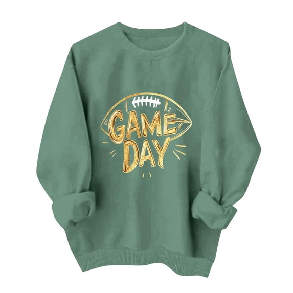 Gamivast Womens Fashion Hoodies & Sweatshirts Game Day Gold Glitter Football Print Crew Neck Long Sleeve Pullover Tops Trendy Casual Athletic Wear