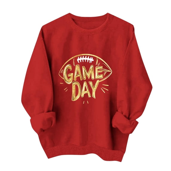 Gamivast Womens Fashion Hoodies & Sweatshirts Game Day Gold Glitter Football Print Crew Neck Long Sleeve Pullover Tops Trendy Casual Athletic Wear