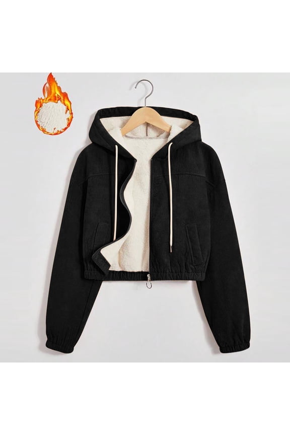 Womens Fleece Lined Jackets Corduroy Lightweight Zip up Hooded Short Jacket with Pockets Winter Warm Drawstring Long Sleeve Coats Casual Elastic Hem Outerwear