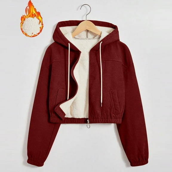 Gamivast Womens Fleece Lined Jackets Corduroy Lightweight Zip up Hooded Short Jacket with Pockets Winter Warm Drawstring Long Sleeve Coats Casual Elastic Hem Outerwear