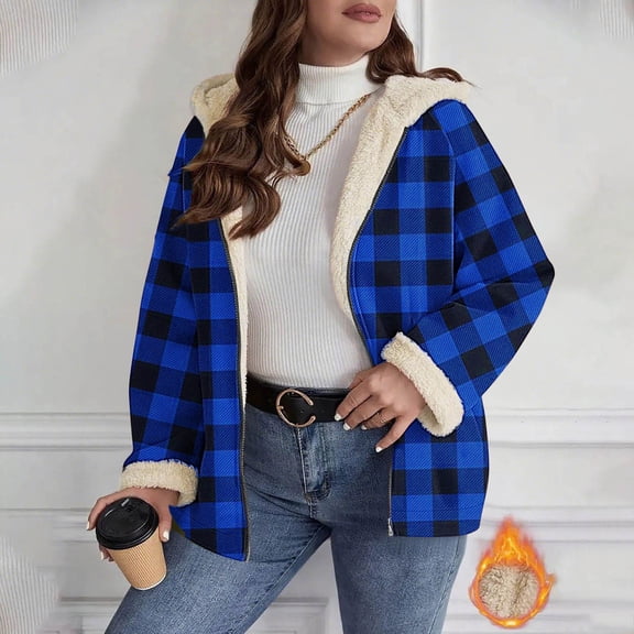 Gamivast Womens Fleece Lined Jackets Plaid Hooded Long Sleeve Oversized Outerwear Full Zip Sherpa Winter Sweatshirts Winter Business Casual Clothing for The Office