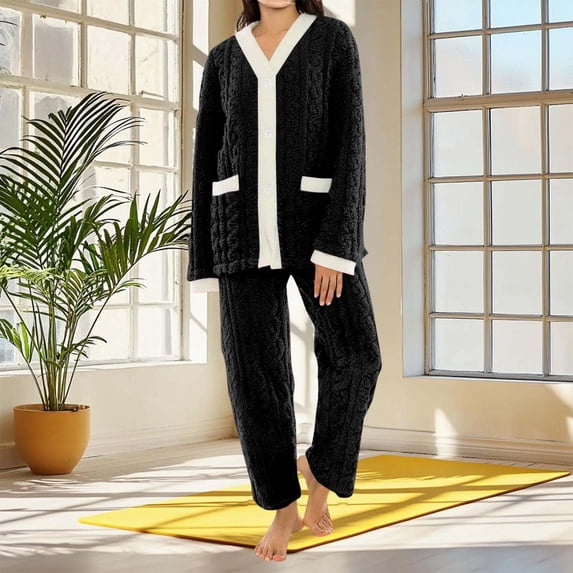 Gamivast Womens Fleece Pajama Sets Flannel Lounge Long Sleeve Thermal Button Up Tops and Long Pants Winter Warm Fuzzy Sherpa V Neck Pjs with Pockets