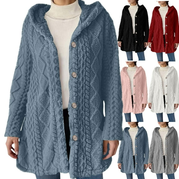 Gamivast Womens Fuzzy Fleece Jackets Oversized Hooded Button Down Winter Outerwear Lounge Long Sleeve Side Split Coats Comfortable Travel Sherpa Warm Jacket