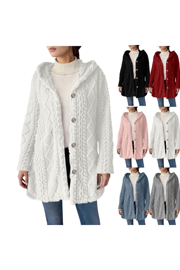 Womens Fuzzy Fleece Jackets Oversized Hooded Button Down Winter Outerwear Lounge Long Sleeve Side Split Coats Comfortable Travel Sherpa Warm Jacket
