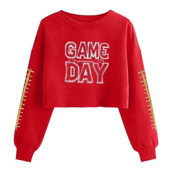 Gamivast Womens Graphic Sweatshirts Game Day Block Letter Graphic Crew Neck Long Sleeve Cropped Sweatshirts Pullover Tops Casual Athletic Wear Outfits