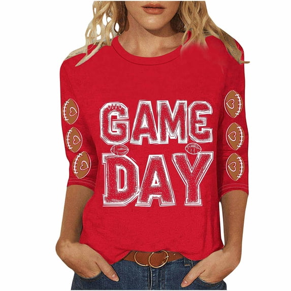 Gamivast Womens Graphic T Shirts Game Day Multi Ball Graphic Print Crew Neck 3/4 Sleeve Graphic Tees Basic Tees Casual Athletic Game Day Wear