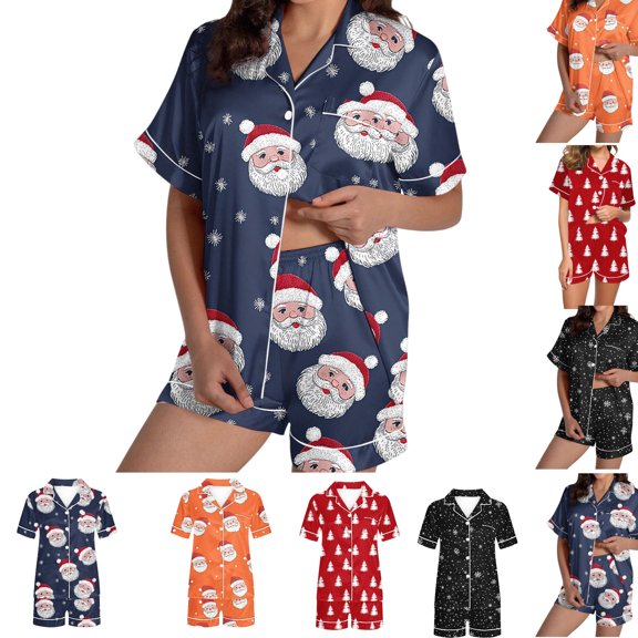 Gamivast Womens Holiday Pajamas Christmas Pajamas for Women Set Shorts Xmas Tree Short Sleeve Lapel Shirts and Elastic Waist Pant Button Down Comfy Loungewear 2 Piece Pj Sets