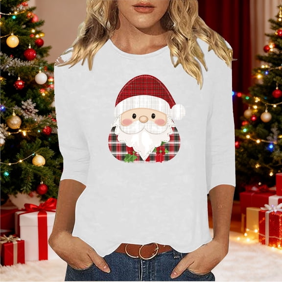 Gamivast Womens Holiday Shirts Crew Neck Shirt Party Santa Graphic Three Quarter Sleeve Tops Funny Xmas Tee Winter Holiday Tees Cute Casual Loose Blouse 3XL