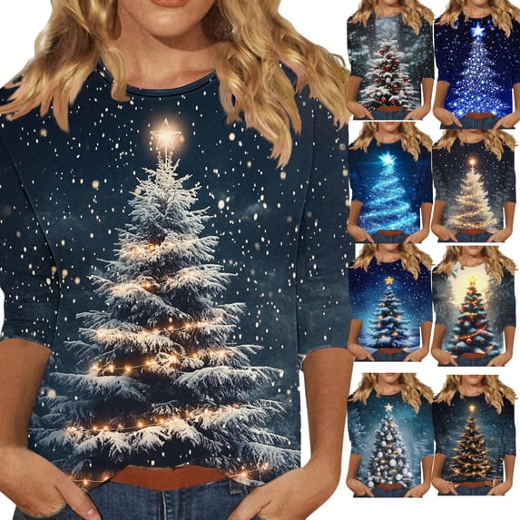 Gamivast Womens Holiday Shirts Plus Size Trees Snowflake Printed 3/4 Sleeve T-Shirt Winter Fashion Cute Graphic Crew Neck Casual Tunics Tops Xmas Holiday Outfits