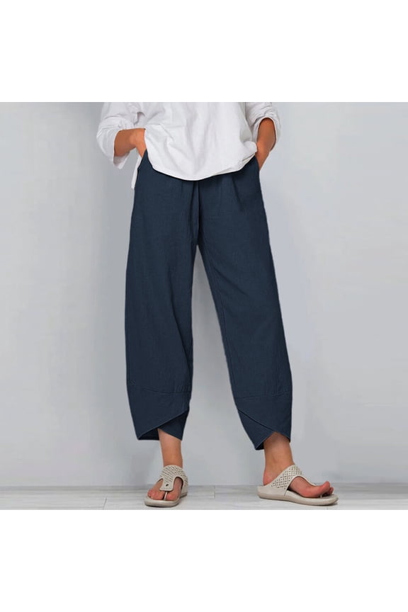 Womens Linen Capri Pants Plus Size Boho Wide Leg Elastic Waisted Casual Pant Summer Drawstring Harem Lounge Trousers with Pockets Beach Vacation Clothes