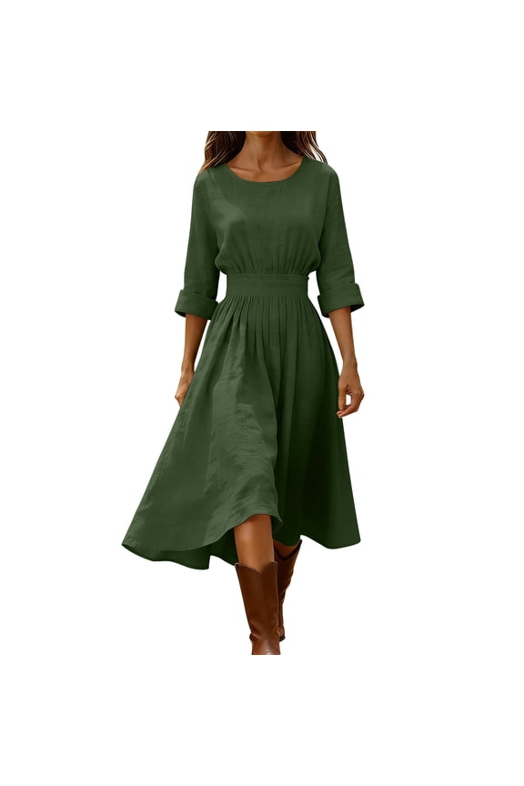 Womens Linen Dress Round Neck 3/4 Sleeve A Line Dress Elastic Waist Solid Midi Dress Fit Flare Casual Wedding Guest Church Work Date Night